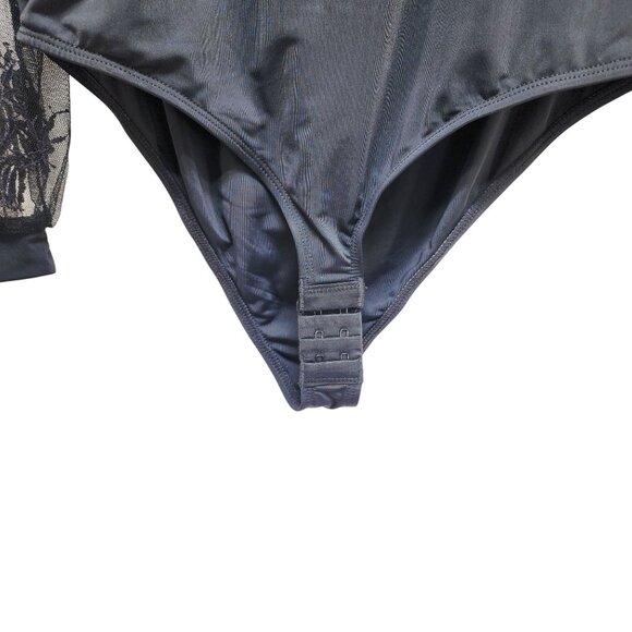Black Lace Sleeve Bodysuit With Mesh Details & Snap Closure Size S - Picture 4 of 10